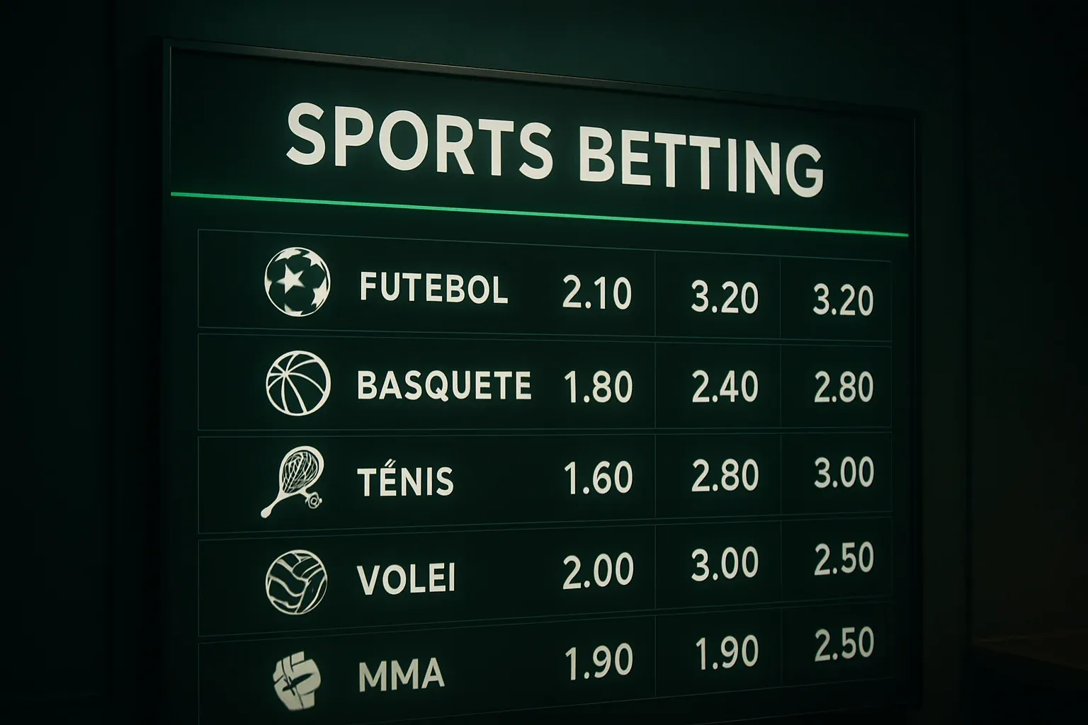 Tela de mercados de apostas com ícones esportivos e odds brasileiras
