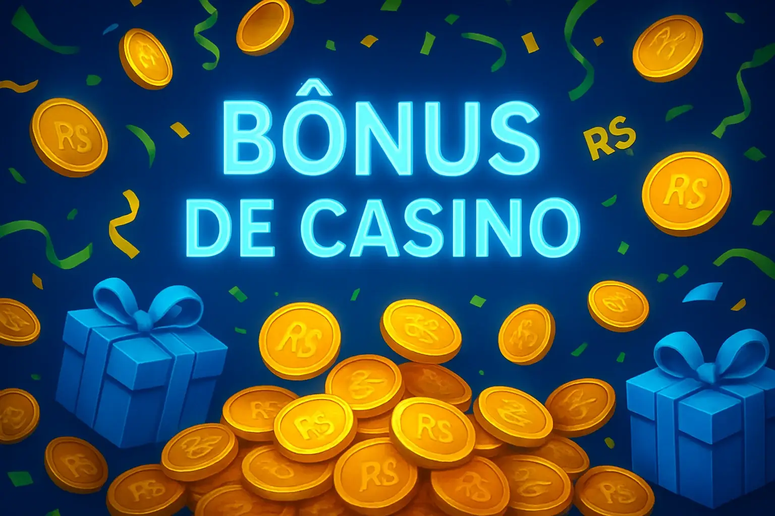 Banner de bônus de cassino brasileiro com moedas de ouro e presentes