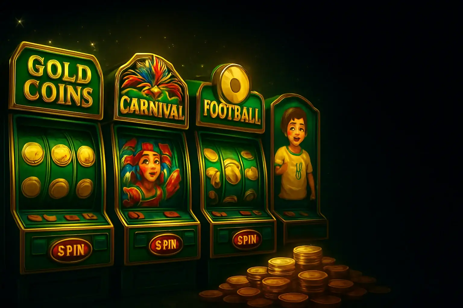 Colagem de caça-níqueis brasileiros com moedas de ouro, carnaval e futebol