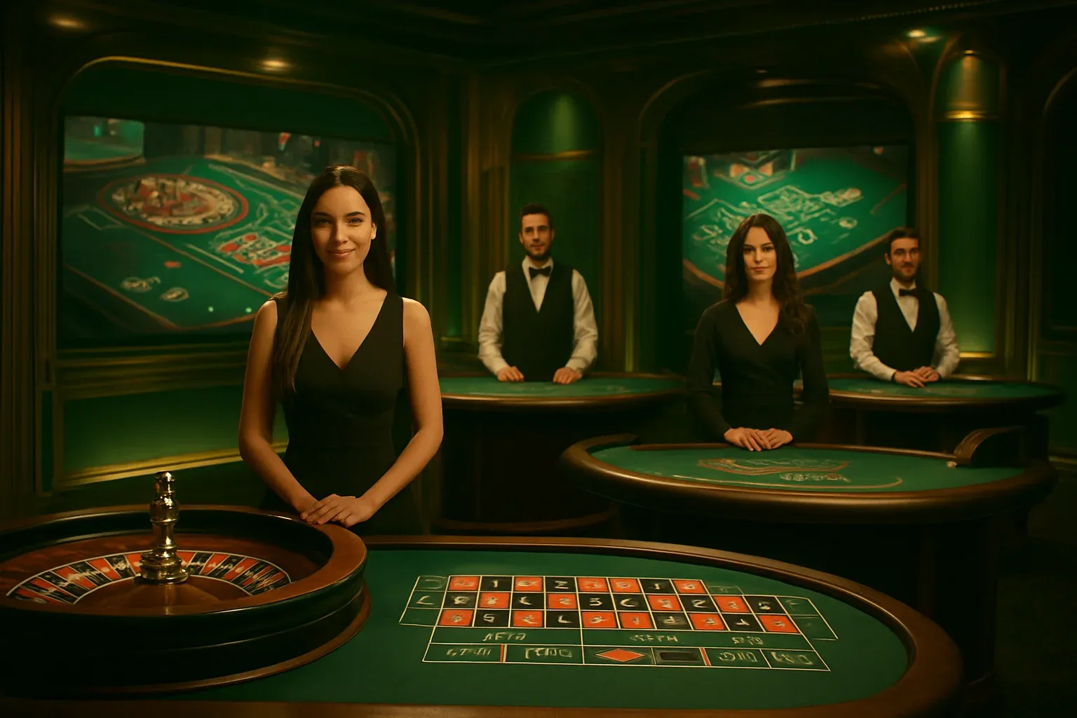 Estúdio de cassino ao vivo com dealers em português, roleta e blackjack