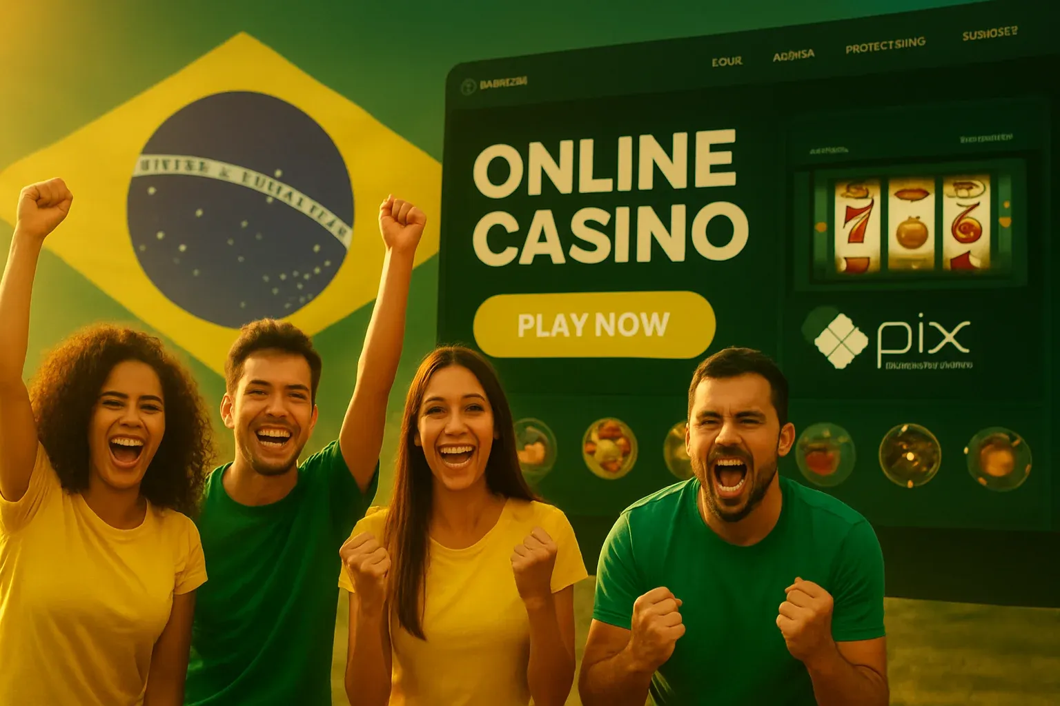 Banner de cassino online brasileiro com PIX, cores verde e amarelo e jogadores comemorando
