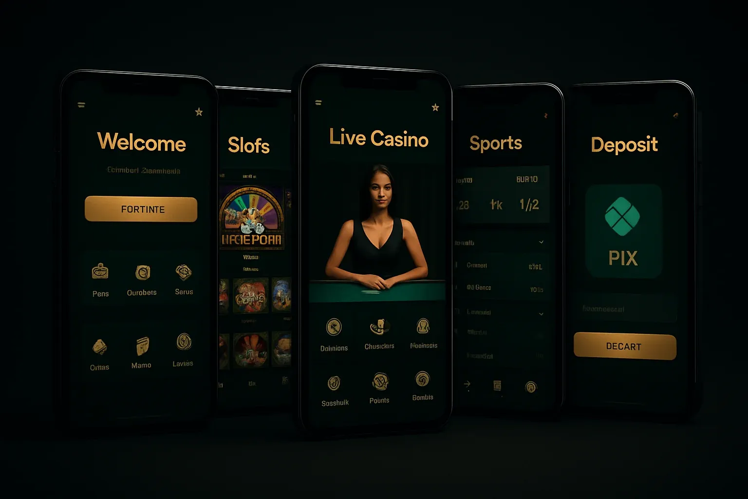 Várias telas Android com app de cassino, apostas esportivas e depósito PIX